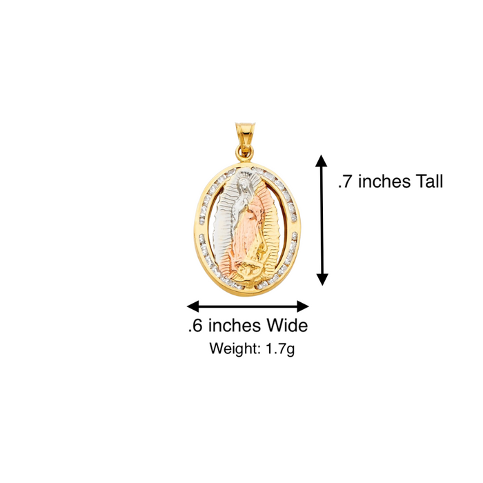 14k Virgin Mary Gold Pendant Oval Gemstones with Solid Chain - LE-805