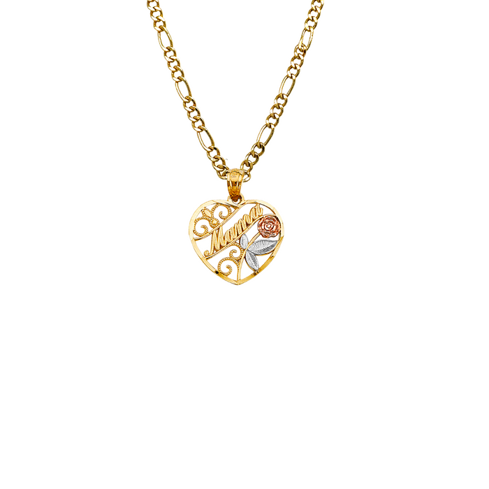 14k Gold Tri Tone Mama Flower Heart Pendant with Solid Chain - LE-2691