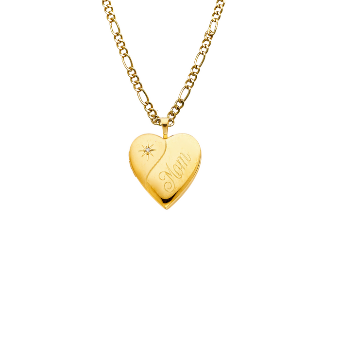 14k Gold Mom Picture Heart Locket Pendant with Solid Chain - LE-2028