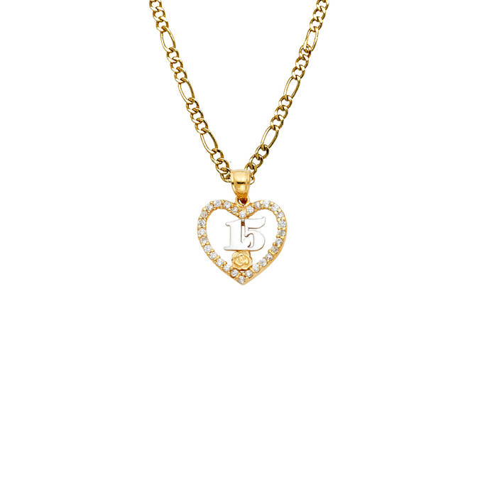 14k Gold Two Tone 15 Años Quinceañera Heart Gemstone Pendant with Solid Chain - LE-1877