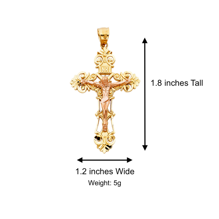 14k Rose Gold Ornate Jesus Cross with Solid Figaro Chain - LE-0976