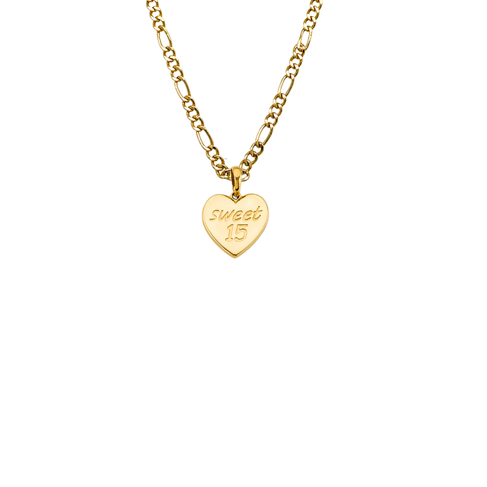 14k Gold Sweet 15 Quinceañera Heart Pendant with Solid Chain - LE-2972