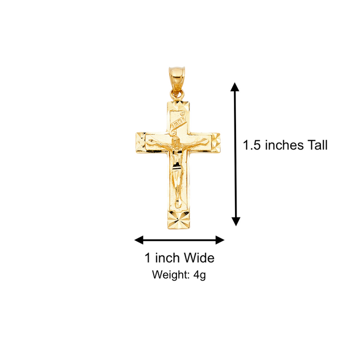 14k Gold Diamond Cut Edge Jesus Cross with Solid Figaro Chain - LE-0988