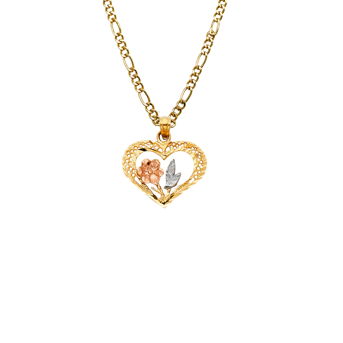 14k Flower Heart Tri Gold Pendant with Solid Chain - LE-1945