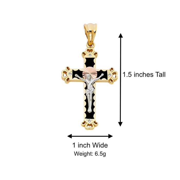 14k TriGold Black Enamel Jesus Cross with Solid Figaro Chain - LE-0944