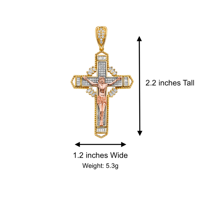 14k TriTone Gold Jesus Gemstone Cross with Solid Figaro Chain - LE-3045