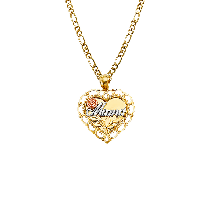 14k Gold Tri Tone Mama Heart Pendant with Solid Chain - LE-2690