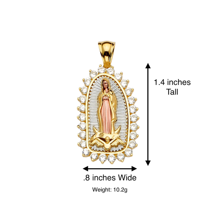 14k Virgin Mary Pendant with White Gemstone Bezel and Solid Figaro Chain