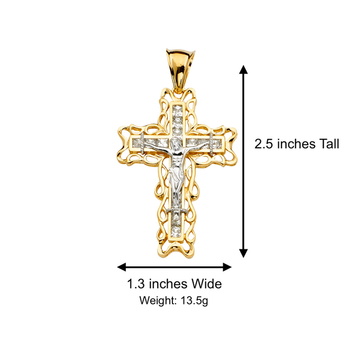 14k Two Tone Gold Gemstone Jesus Cross with Solid Figaro Chain - LE-2153