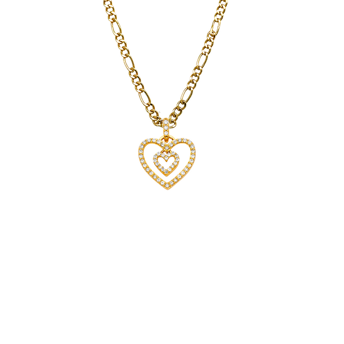 14k Gold Gemstone Double Heart Pendant with Solid Chain - LE-1773