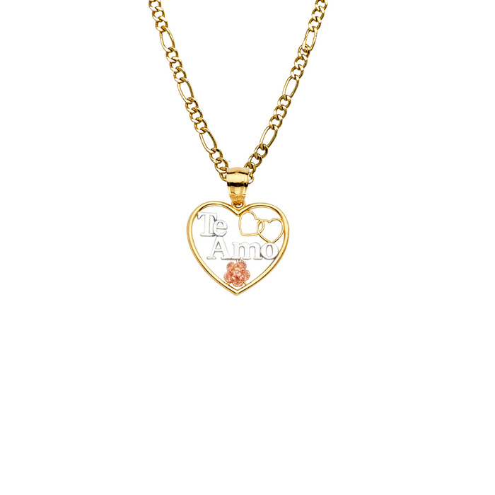 14k Te Amo Tri-Tone Gold Heart Pendant with Solid Chain - LE-2378