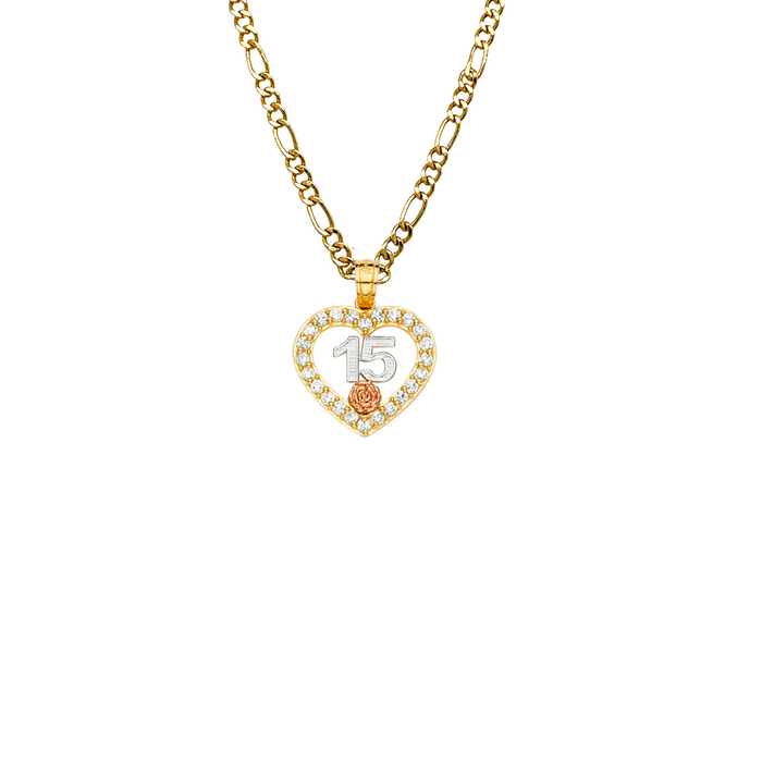 14k Gold Tri Tone 15 Años Quinceañera Heart Gemstone Pendant with Solid Chain - LE-2358