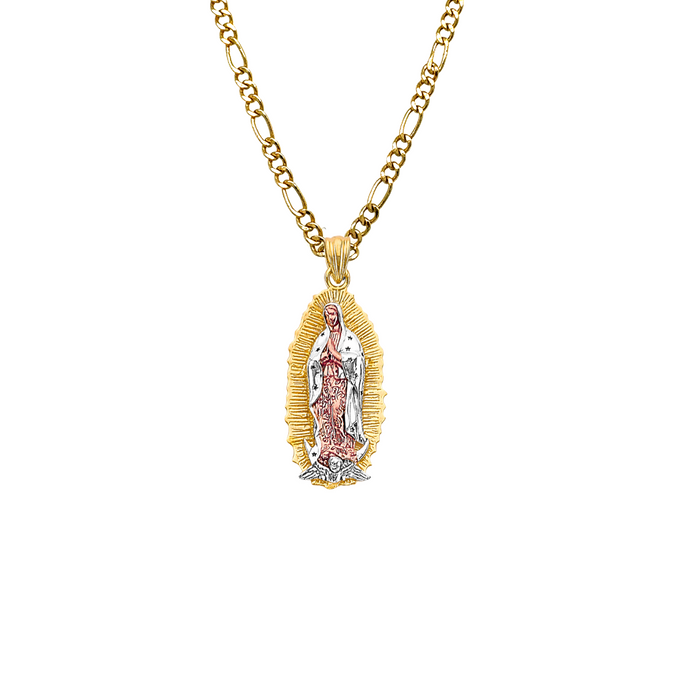 14k Gold Virgin Mary Pendant with White Gold Cloak and Solid Chain - 3178