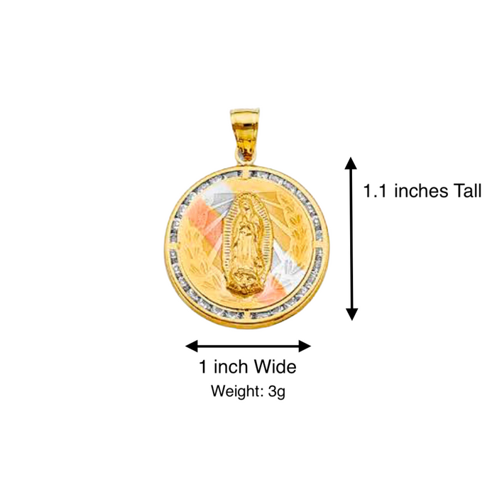 14k Virgin Mary Gold Pendant Round Gemstones with Solid Chain - LE-2722