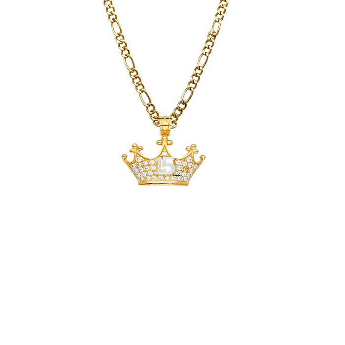 14k Gold 15 Años Quinceañera Crown Gemstone Pendant with Solid Chain - LE-2146