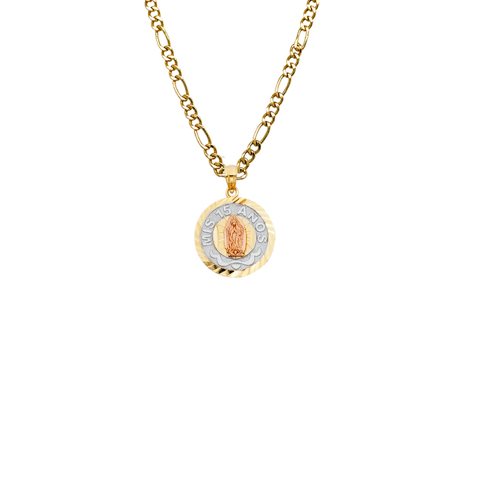 14k Gold Tri Tone Virgin Mary Mis 15 Años Quinceañera Pendant with Solid Chain - LE-1895