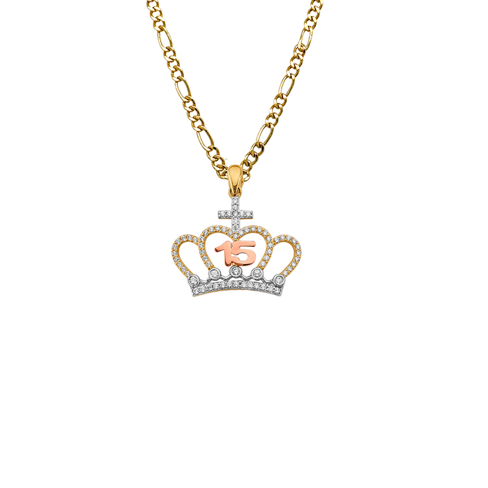 14k Gold Tri Tone 15 Años Quinceañera Crown Gemstone Pendant with Solid Chain - LE-2973