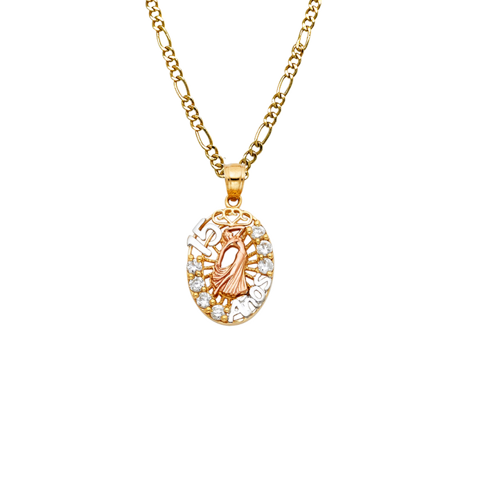 14k Gold Tri Tone 15 Años Quinceañera Gemstone Oval Pendant with Solid Chain - LE-1880