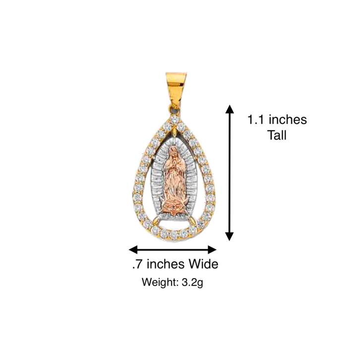 14k Virgin Mary Teardrop Pendant with White Gemstone Bezel