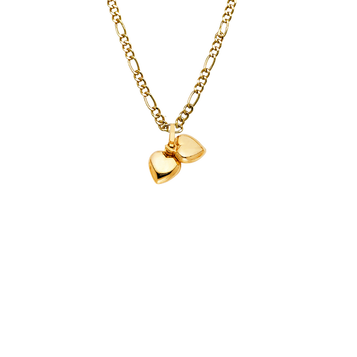 14k Gold Double Hollow Heart Pendant with Solid Chain - LE-0447