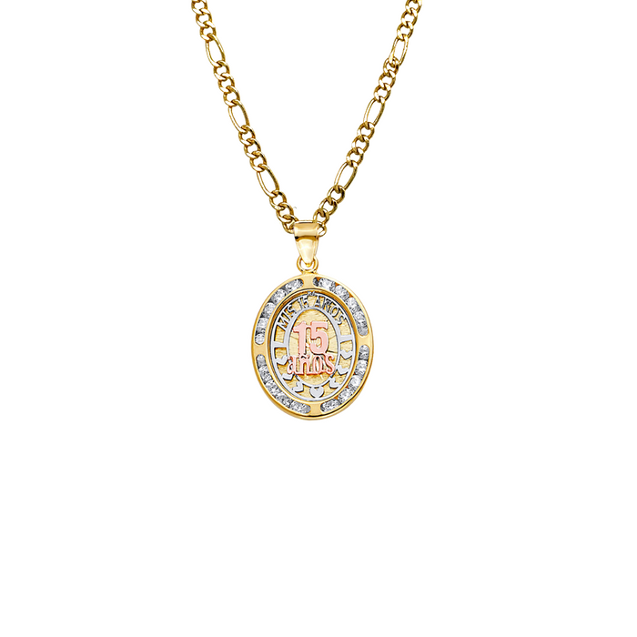 14k Gold Three Tone Mis 15 Años Quinceañera Oval Gemstone Pendant with Solid Chain - LE-2527