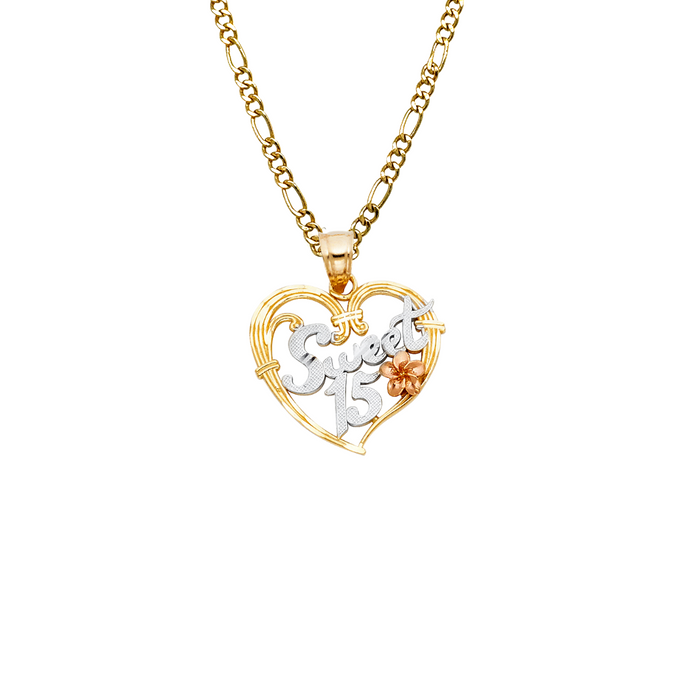 14k Gold Three Tone Sweet 15 Heart Flower Pendant with Solid Chain - LE-1906