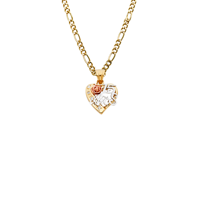 14k Gold Tri Tone 15 Años Quinceañera Heart Gemstone Pendant with Solid Chain - LE-1866