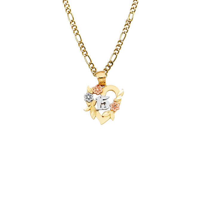 14k Gold Tri Tone 15 Años Quinceañera Heart Flower Pendant with Solid Chain - LE-1910