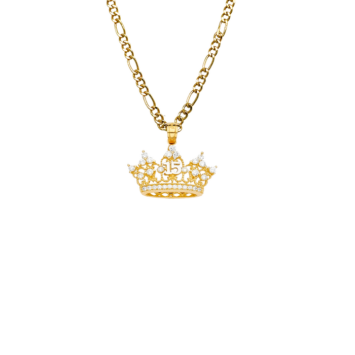 14k Gold 15 Años Quinceañera Crown Gemstone Pendant with Solid Chain - LE-2145