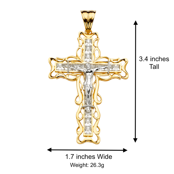 14k Two Tone Large Gold Gemstone Jesus Cross with Solid Figaro Chain - LE-2154