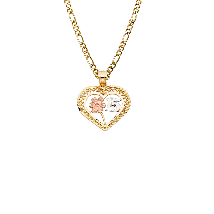 14k Gold Three Tone 15 Quinceañera Heart Pendant with Solid Chain - LE-1908