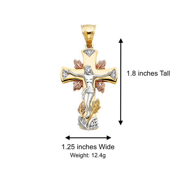 14k TriGold Jesus Gemstone Leaf Cross with Solid Figaro Chain - LE-0932