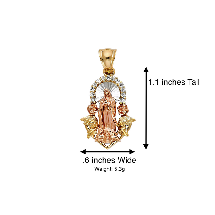 14k Virgin Mary Pendant with Roses and Leaves and Solid Figaro Chain - LE-PT967