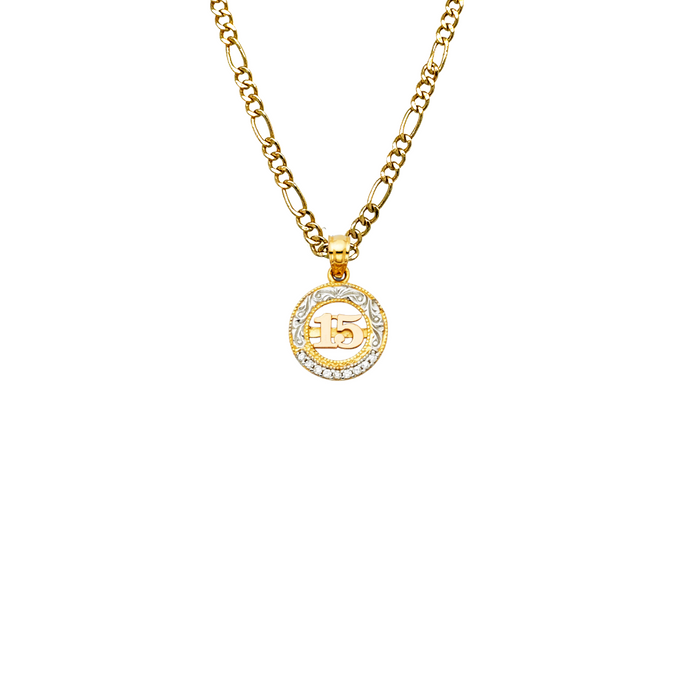 14k Gold Tri Tone 15 Años Quinceañera Pendant with Solid Chain - LE-1884