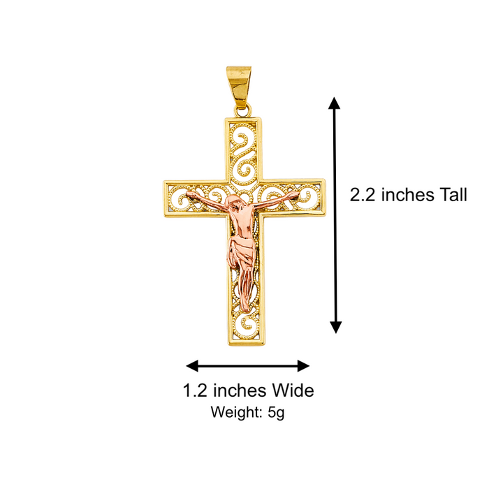 14k Rose Gold Filigrano Jesus Cross with Solid Figaro Chain - LE-2947