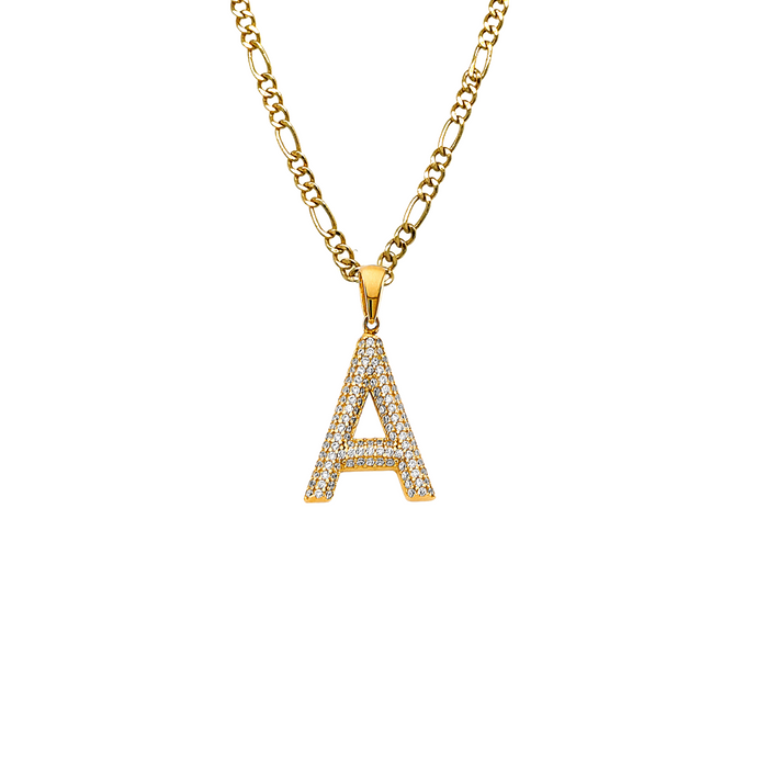 14k Gold Gemstone Letter Pendant with Solid Figaro Chain - LE-3243FC