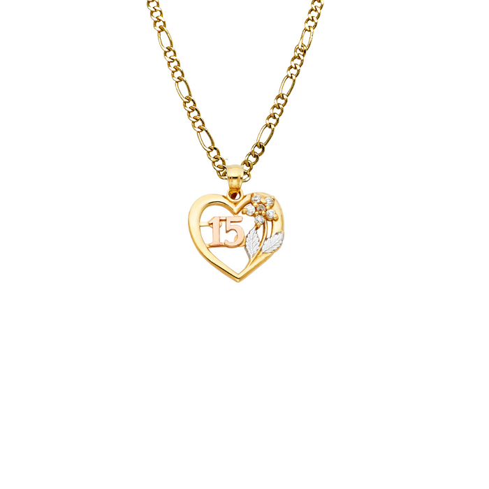 14k Gold Three Tone 15 Quinceañera Heart Flower Pendant with Solid Chain - LE-1875