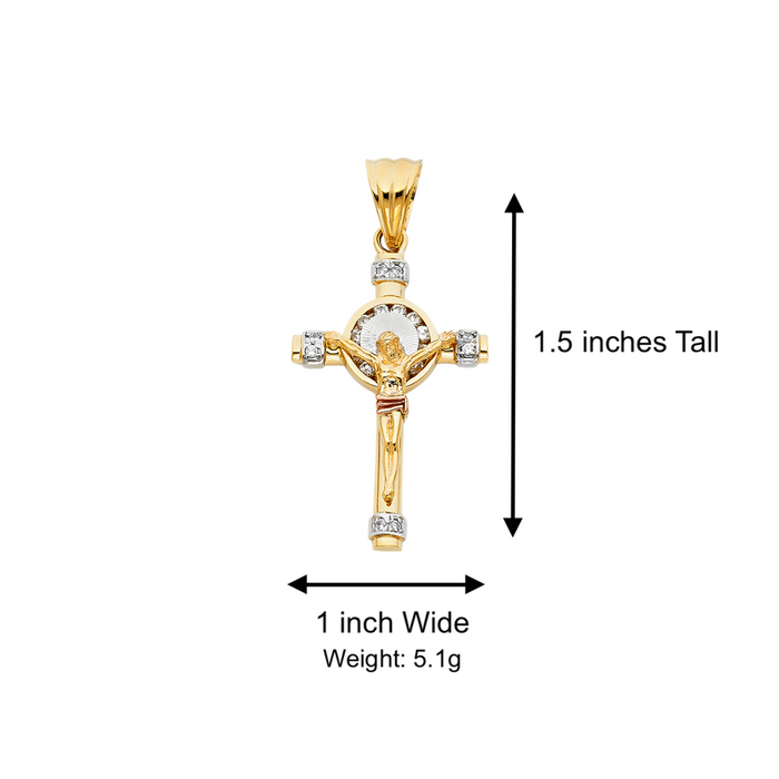 14k Two Tone Gold Gemstone Jesus Cross with Solid Figaro Chain - LE-0942