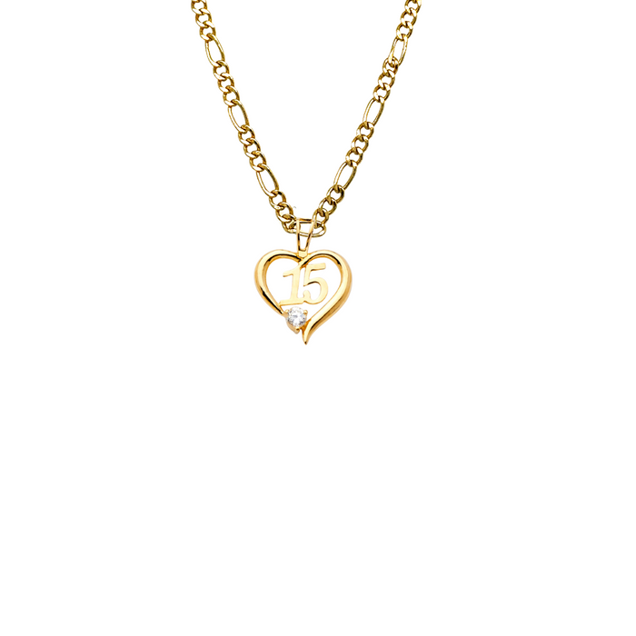 14k Gold 15 Años Quinceañera Heart Gemstone Pendant with Solid Chain - LE-0719