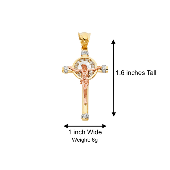 14k Two Tone Gold Gemstone Jesus Cross with Solid Figaro Chain - LE-0941