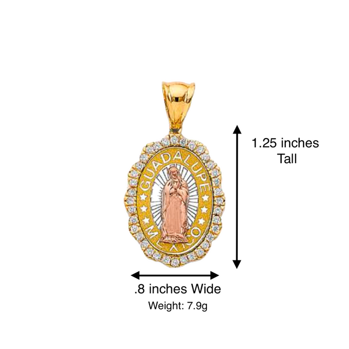 14k Guadalupe Mexico Virgin Mary Pendant with White Gemstones and Solid Figaro Chain