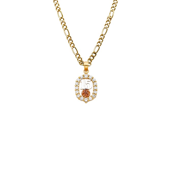 14k Gold Tri Tone 15 Años Quinceañera Gemstone Pendant with Solid Chain - LE-1879