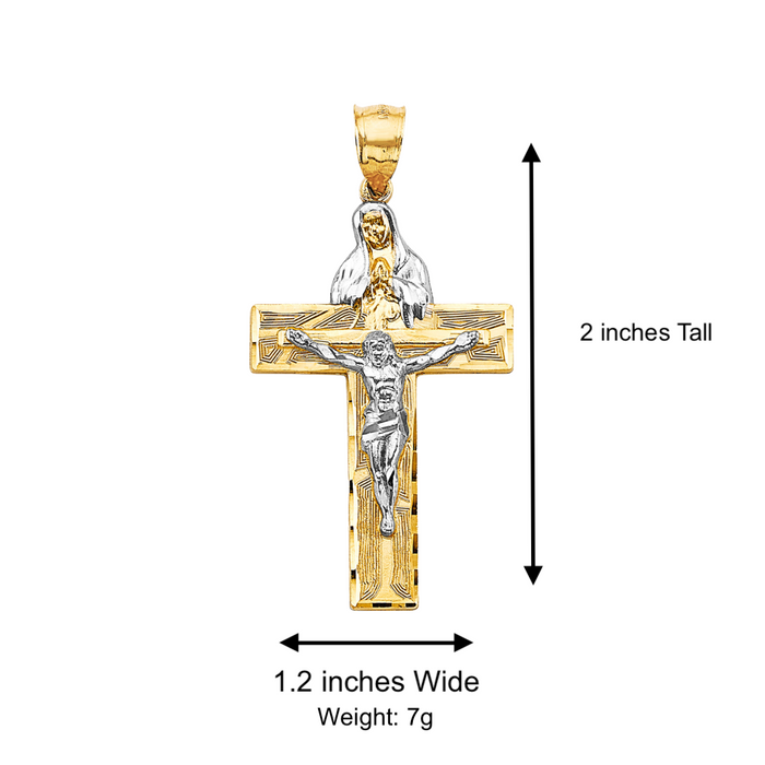 14k Two Tone Gold Jesus Virgin Mary Cross with Solid Figaro Chain - LE-2594