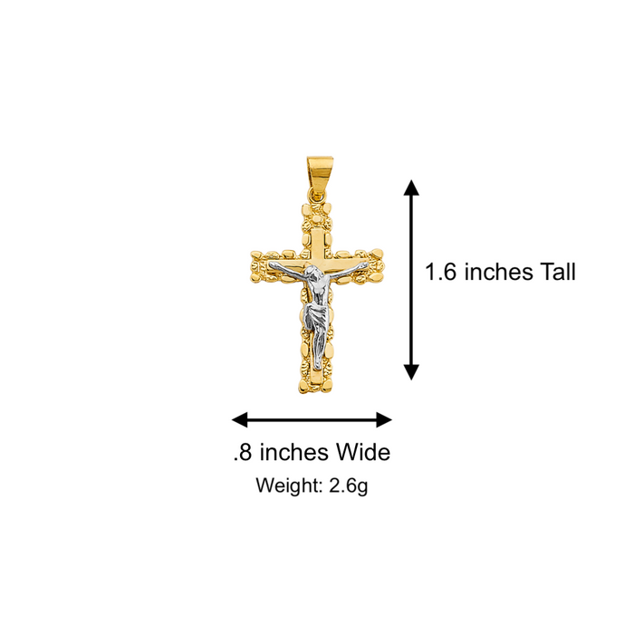 14k Two Tone Gold Nugget Jesus Cross with Solid Figaro Chain - LE-2946