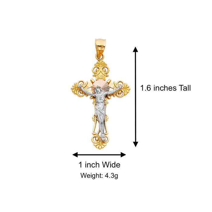 14k Two Tone Gold Ornate Jesus Cross with Solid Figaro Chain - LE-0062