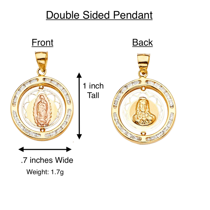 14k Virgin Mary Christ Sacred Heart Two Sided Gold Pendant with Solid Chain - LE-2322