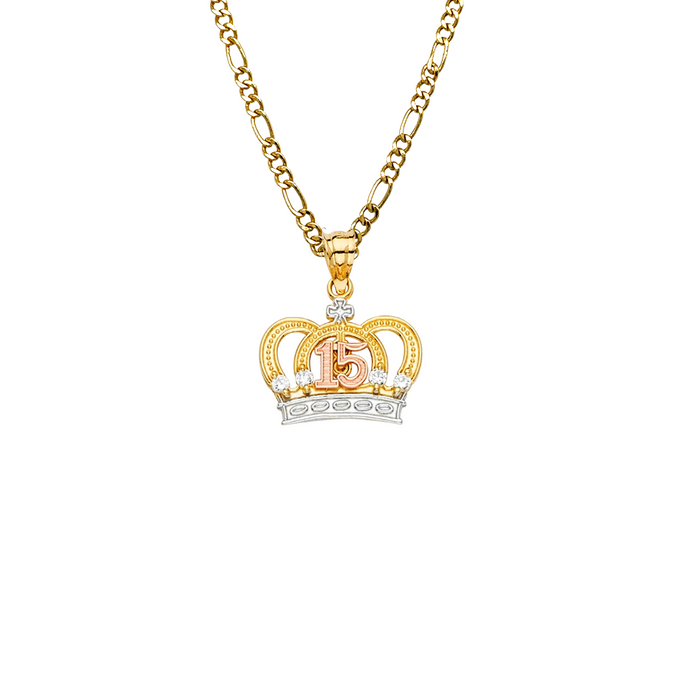 14k Gold 15 Años Quinceañera Crown Gemstone Pendant with Solid Chain - LE-2147