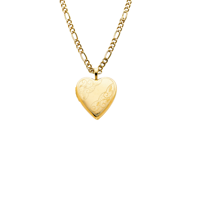 14k Gold Engraved Picture Heart Locket Pendant with Solid Chain - LE-0619