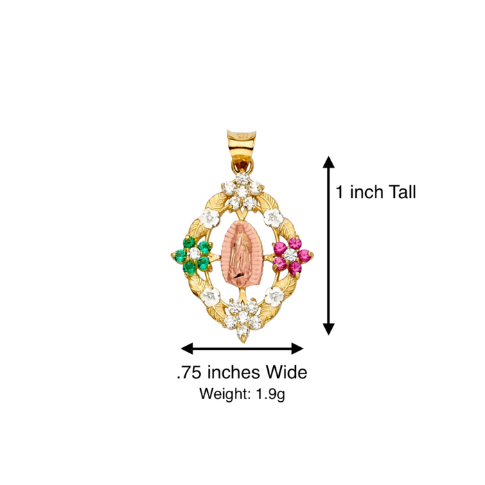 14k Virgin Mary Pendant with Red, Green, and White Gemstone Flowers and Solid Chain