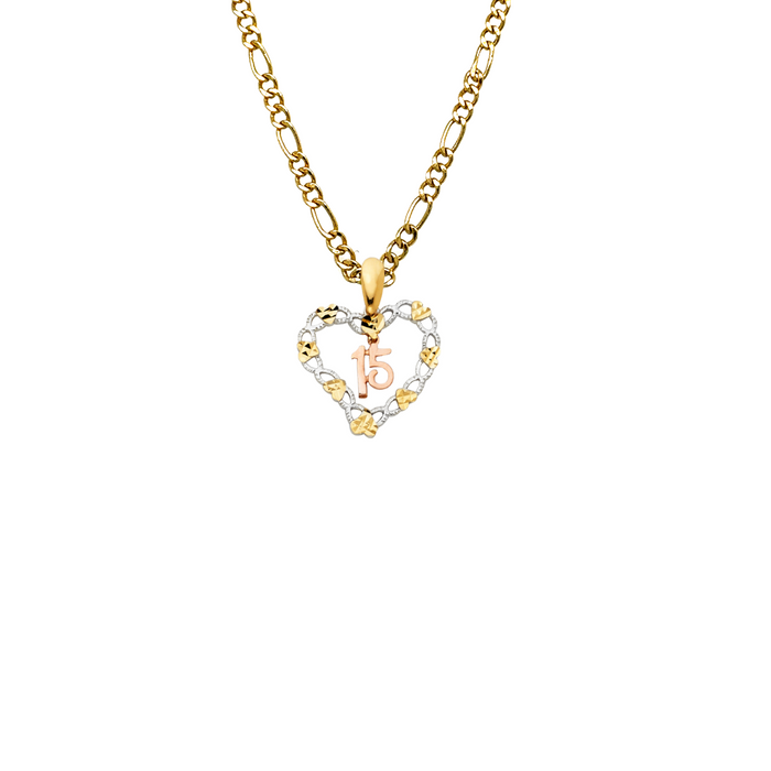 14k Gold Three Tone 15 Quinceañera Heart Pendant with Solid Chain - LE-1876